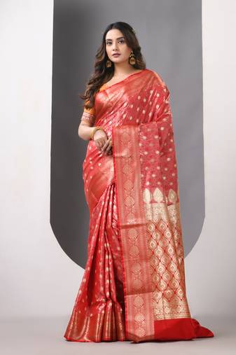 Red satin silk blend emboss banarasi saree with zari woven ethnic motifs