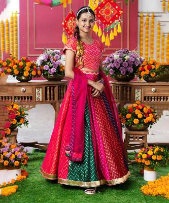 Vibrant multicolored chevron embroidered lehenga set with matching blouse and dupatta 1