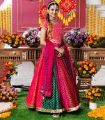 Vibrant multicolored chevron embroidered lehenga set with matching blouse and dupatta