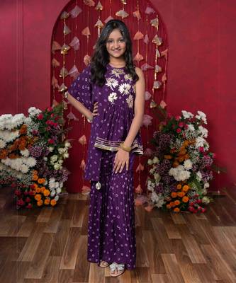 Embellished printed one side drape kurti with crop top and sharara 1