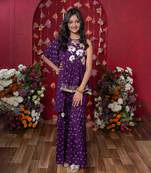 Embellished printed one side drape kurti with crop top and sharara