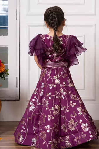 Elegant purple embroidered lehenga set with ruffled sleeves