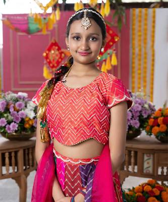 Vibrant multicolored chevron embroidered lehenga set with matching blouse and dupatta 2