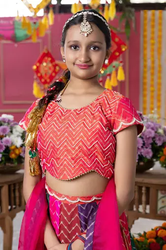 Vibrant multicolored chevron embroidered lehenga set with matching blouse and dupatta