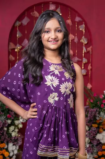 Embellished printed one side drape kurti with crop top and sharara