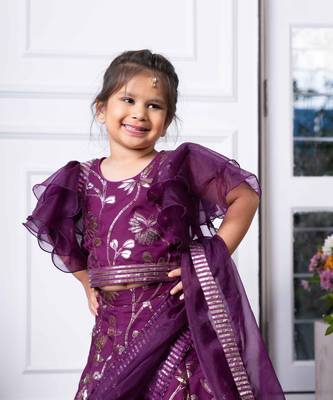 Elegant purple embroidered lehenga set with ruffled sleeves 4