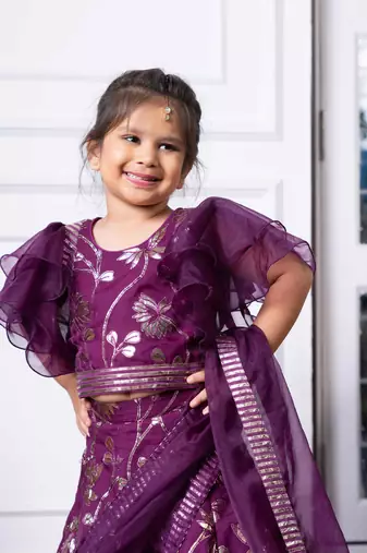 Elegant purple embroidered lehenga set with ruffled sleeves