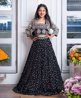 Elegant black embroidered crop top, jacket, and mirror work lehenga set 1