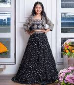 Elegant black embroidered crop top, jacket, and mirror work lehenga set