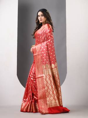 Red satin silk blend emboss banarasi saree with zari woven ethnic motifs 2