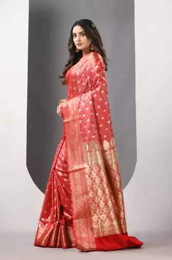 Red satin silk blend emboss banarasi saree with zari woven ethnic motifs