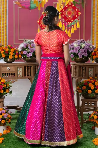 Vibrant multicolored chevron embroidered lehenga set with matching blouse and dupatta