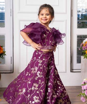 Elegant purple embroidered lehenga set with ruffled sleeves 5