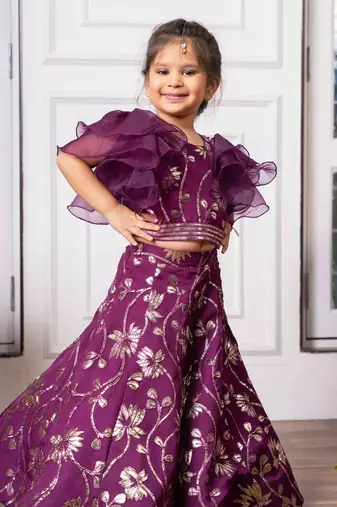 Elegant purple embroidered lehenga set with ruffled sleeves