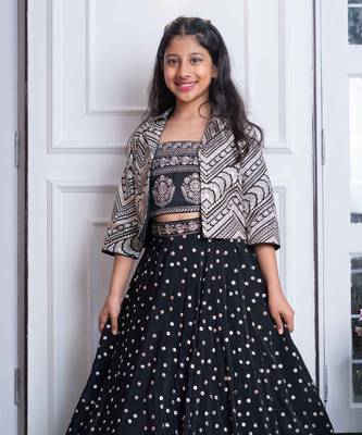 Elegant black embroidered crop top, jacket, and mirror work lehenga set 2