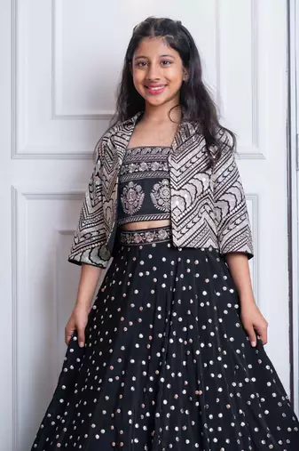 Elegant black embroidered crop top, jacket, and mirror work lehenga set