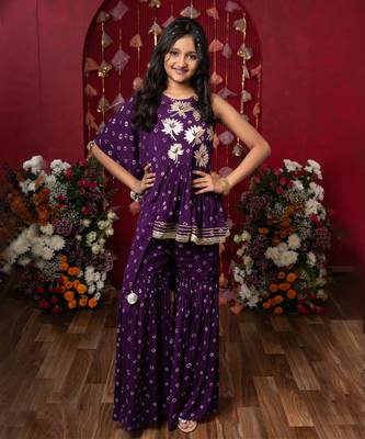 Embellished printed one side drape kurti with crop top and sharara 4