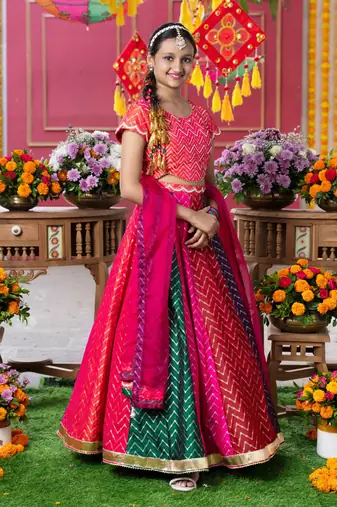 Vibrant multicolored chevron embroidered lehenga set with matching blouse and dupatta