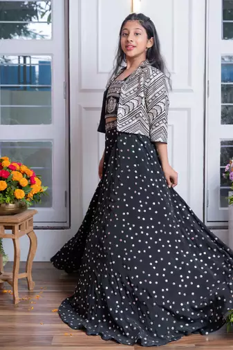 Elegant black embroidered crop top, jacket, and mirror work lehenga set