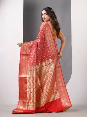 Red satin silk blend emboss banarasi saree with zari woven ethnic motifs 3