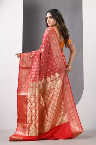 Red satin silk blend emboss banarasi saree with zari woven ethnic motifs