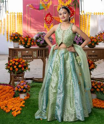 Enchanting pastel green lehenga set with golden embroidery 1