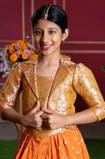 Orange Crepe Lehenga with Sequin Embroidery