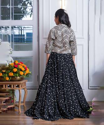 Elegant black embroidered crop top, jacket, and mirror work lehenga set 4