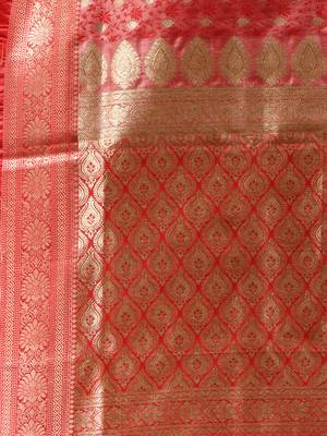 Red satin silk blend emboss banarasi saree with zari woven ethnic motifs 4