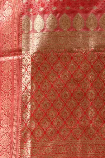 Red satin silk blend emboss banarasi saree with zari woven ethnic motifs