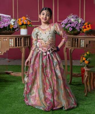 Shimmering pastel embroidered top and lehenga set with matching potli bag 1