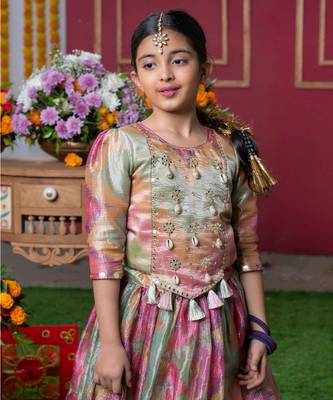 Shimmering pastel embroidered top and lehenga set with matching potli bag 2