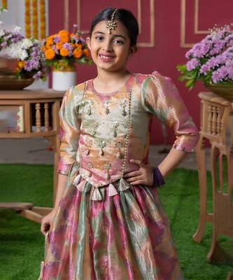 Shimmering pastel embroidered top and lehenga set with matching potli bag 4