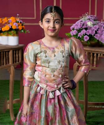 Shimmering pastel embroidered top and lehenga set with matching potli bag 5