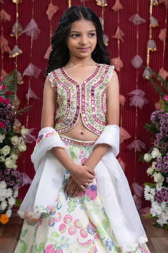 Embroidered mirror work blouse and floral lehenga set with sheer dupatta