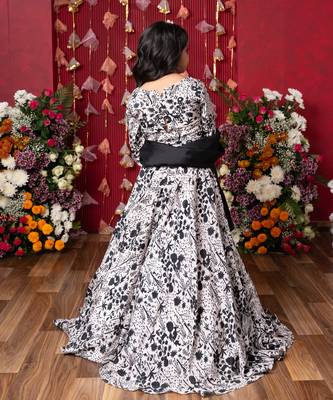Elegant black-and-white floral lehenga set with crop top and dupatta 3