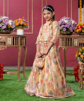 Golden glow: festive ikat print lehenga set for kids 1