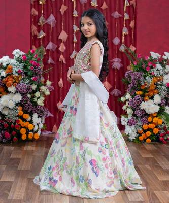 Embroidered mirror work blouse and floral lehenga set with sheer dupatta 3