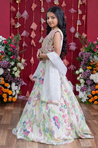 Embroidered mirror work blouse and floral lehenga set with sheer dupatta