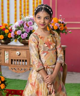 Golden glow: festive ikat print lehenga set for kids 2
