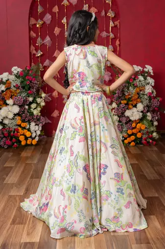 Embroidered mirror work blouse and floral lehenga set with sheer dupatta
