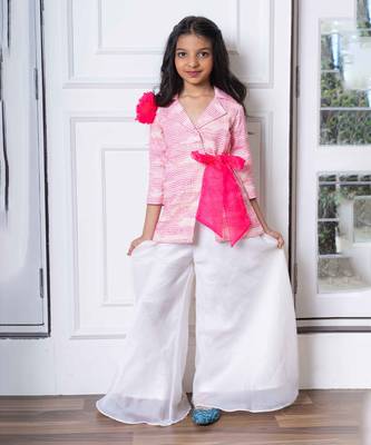 Trendy pink blazer jacket with bow belt and white palazzo set 1
