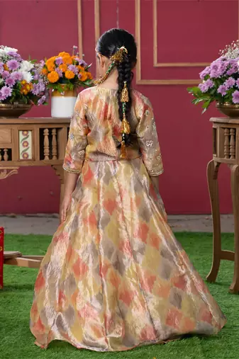 Golden glow: festive ikat print lehenga set for kids