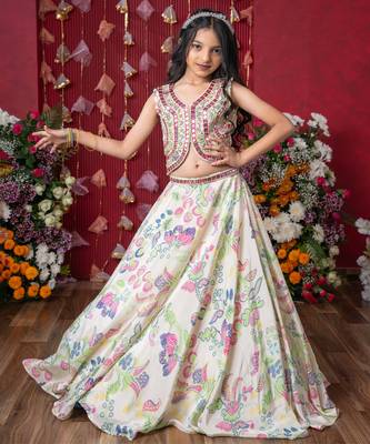 Embroidered mirror work blouse and floral lehenga set with sheer dupatta 5