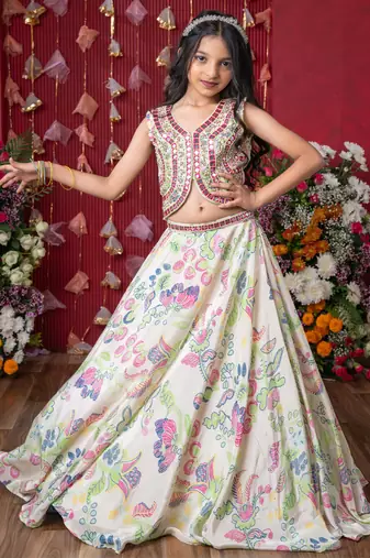 Embroidered mirror work blouse and floral lehenga set with sheer dupatta