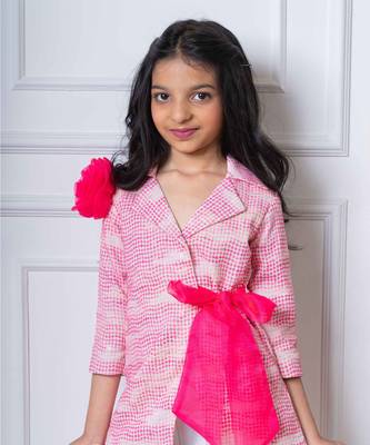 Trendy pink blazer jacket with bow belt and white palazzo set 2