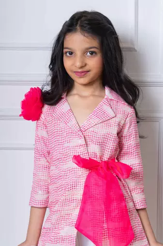Trendy pink blazer jacket with bow belt and white palazzo set
