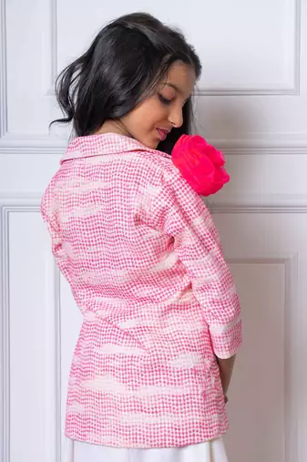 Trendy pink blazer jacket with bow belt and white palazzo set