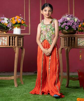 Embroidered jacket-style blouse with mirror work and vibrant sharara pants 1
