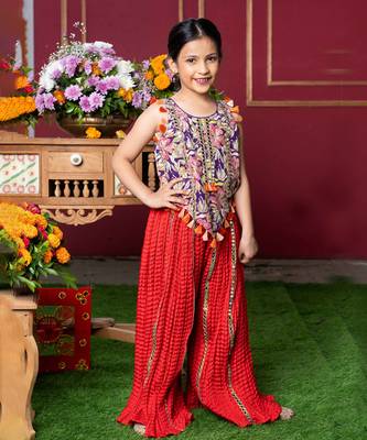 Vibrant embroidered kurti with tassels and red mirror work sharara pants 1